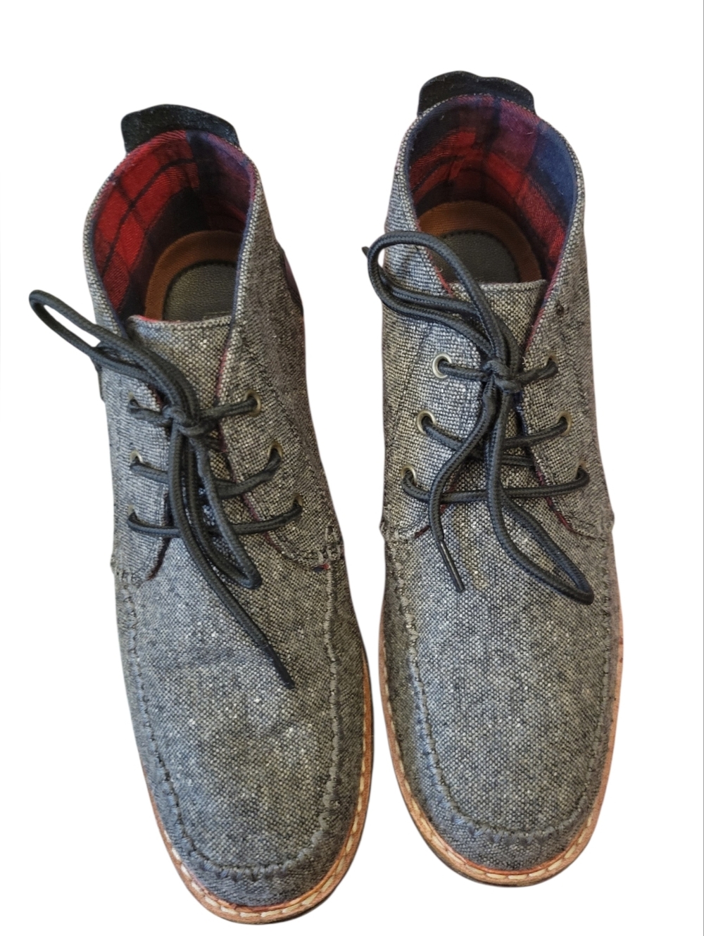 Toms Chukka Boots Gray Tweed Fabric with Red Plaid Lining Men's Size 10.5